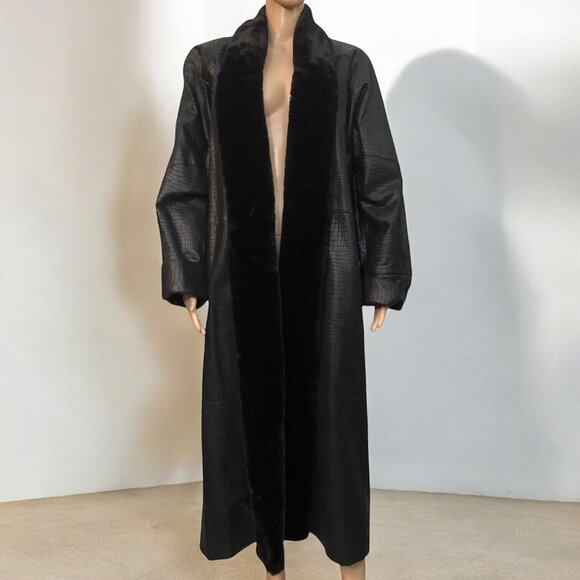 SOLD Vintage 1990s Black Leather Fur Collar Reptile Alligator Trench Coat - Picture 1 of 16